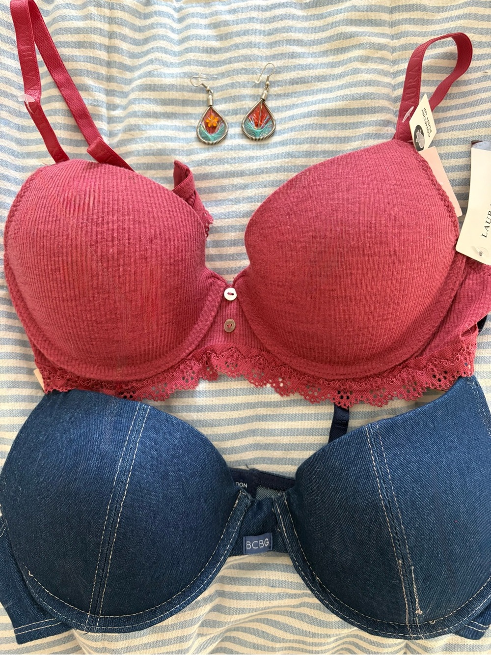 Earrings & 2  Women’s Padded Bras — Rose Red and Denim Blue #cowgirl